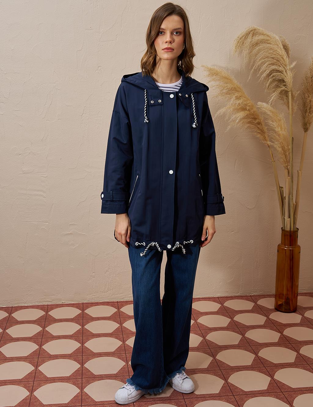Epaulette Hooded Short Trench Coat Dark Navy Blue