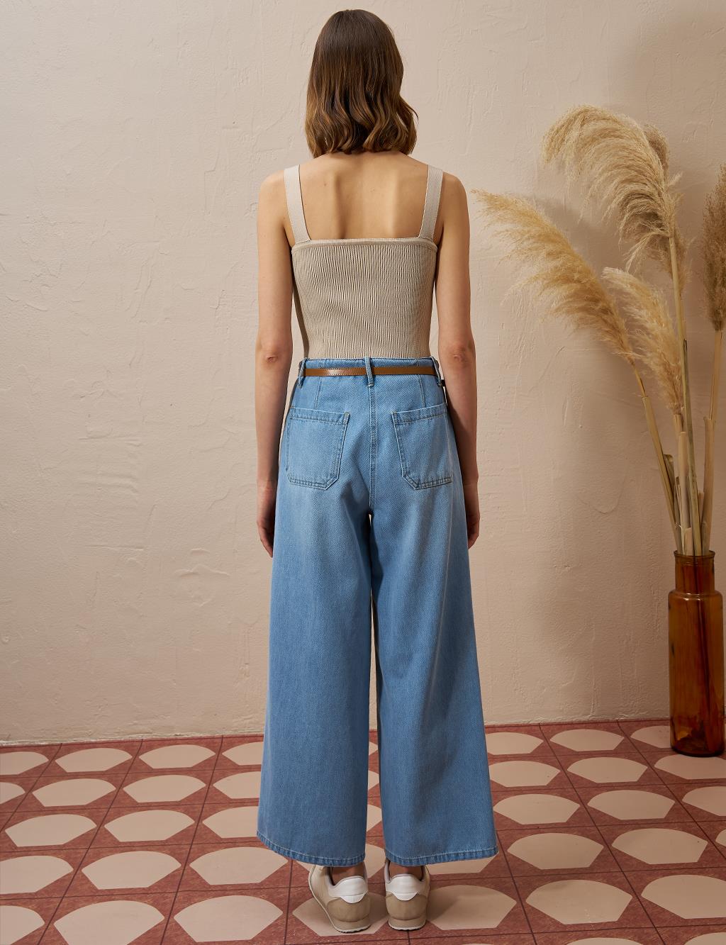 Metal Accessory Detailed Denim Pants Ice Blue