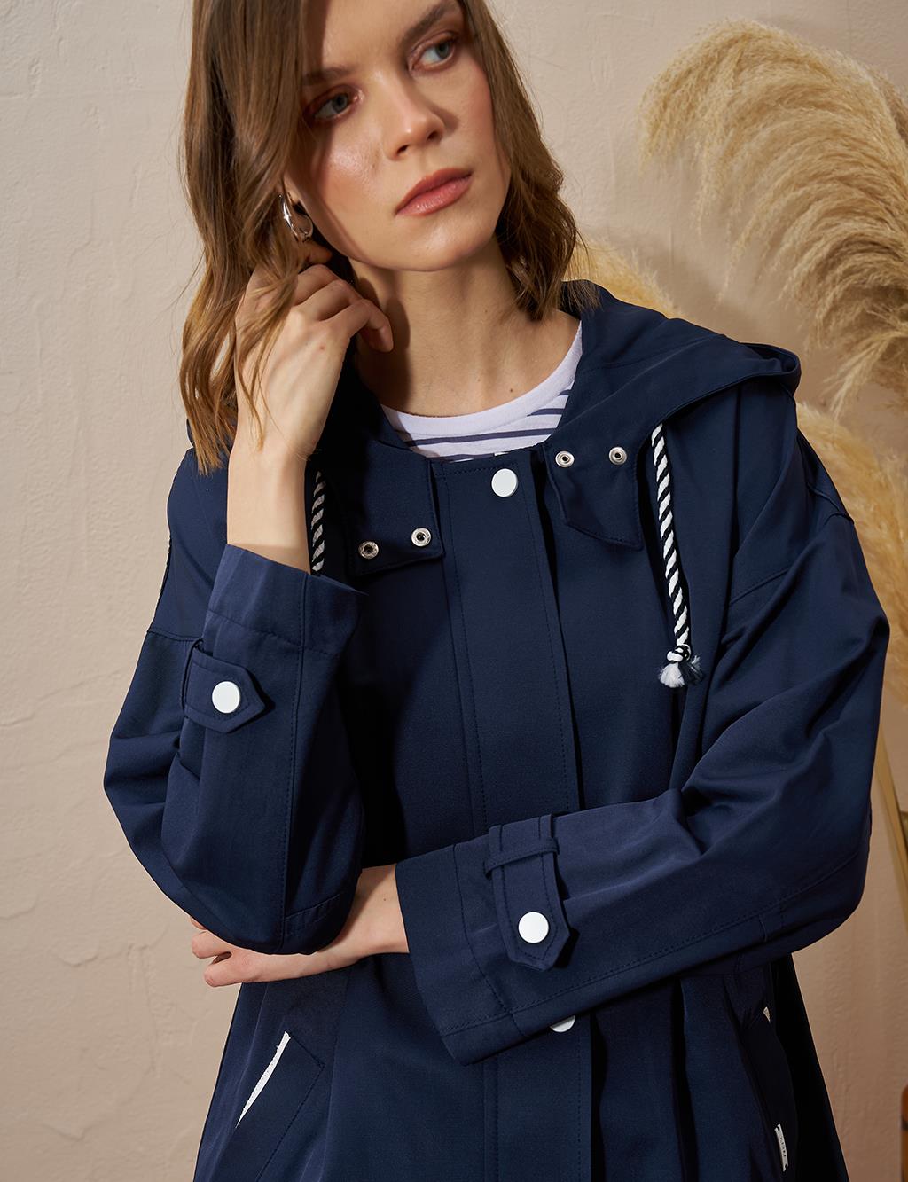 Epaulette Hooded Short Trench Coat Dark Navy Blue