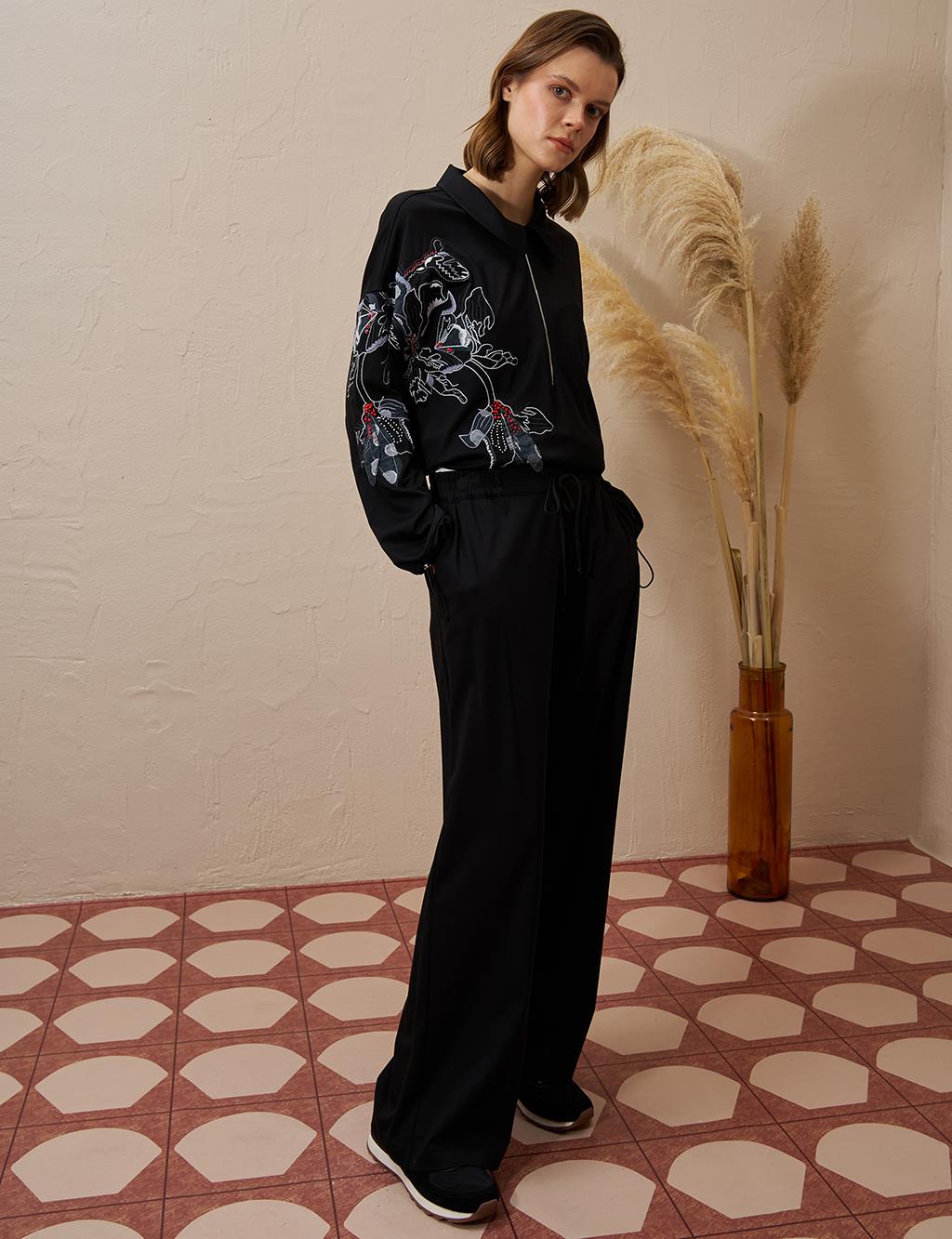 Embroidered Appliqued Rayon Two Piece Suit Black