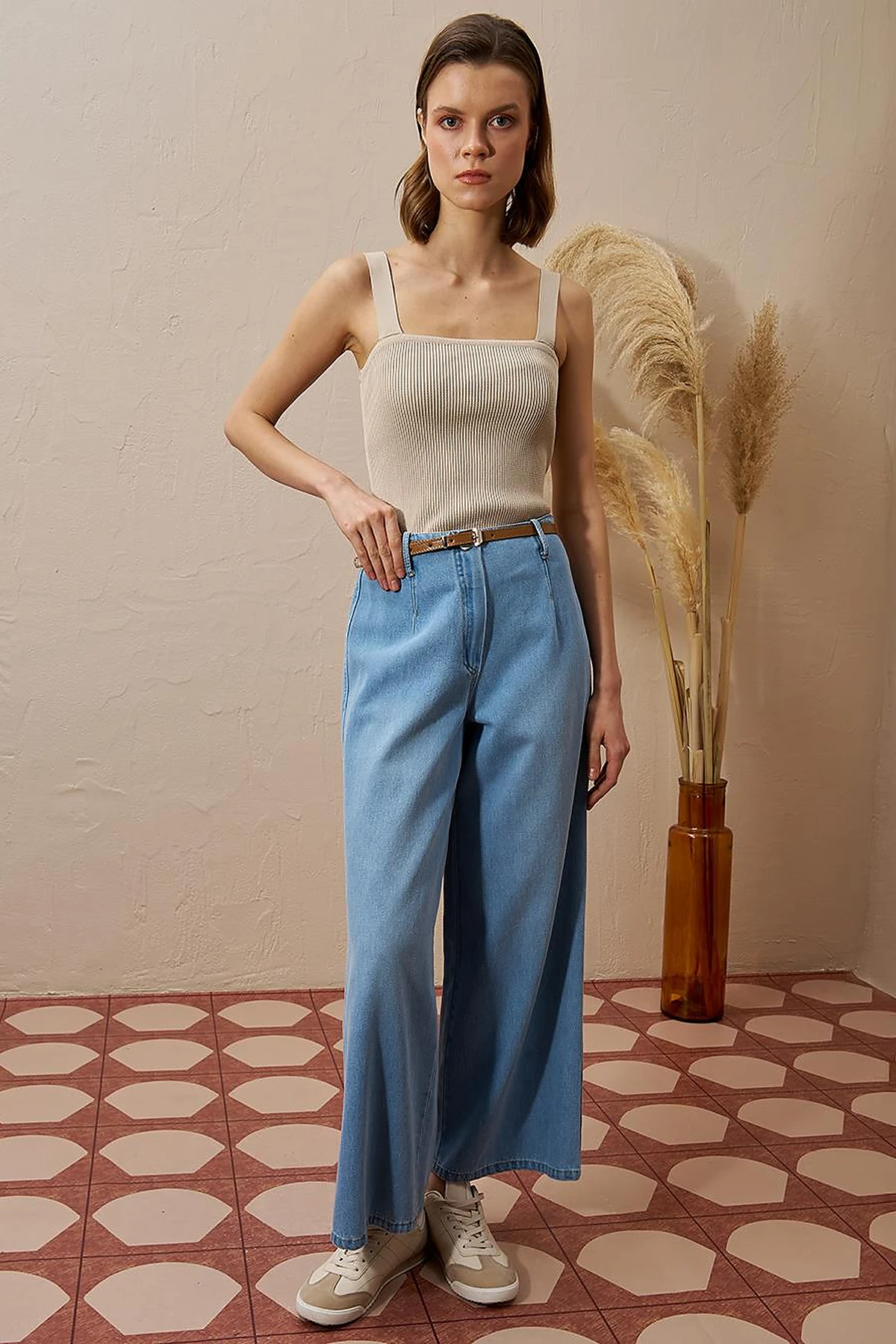Metal Accessory Detailed Denim Pants Ice Blue