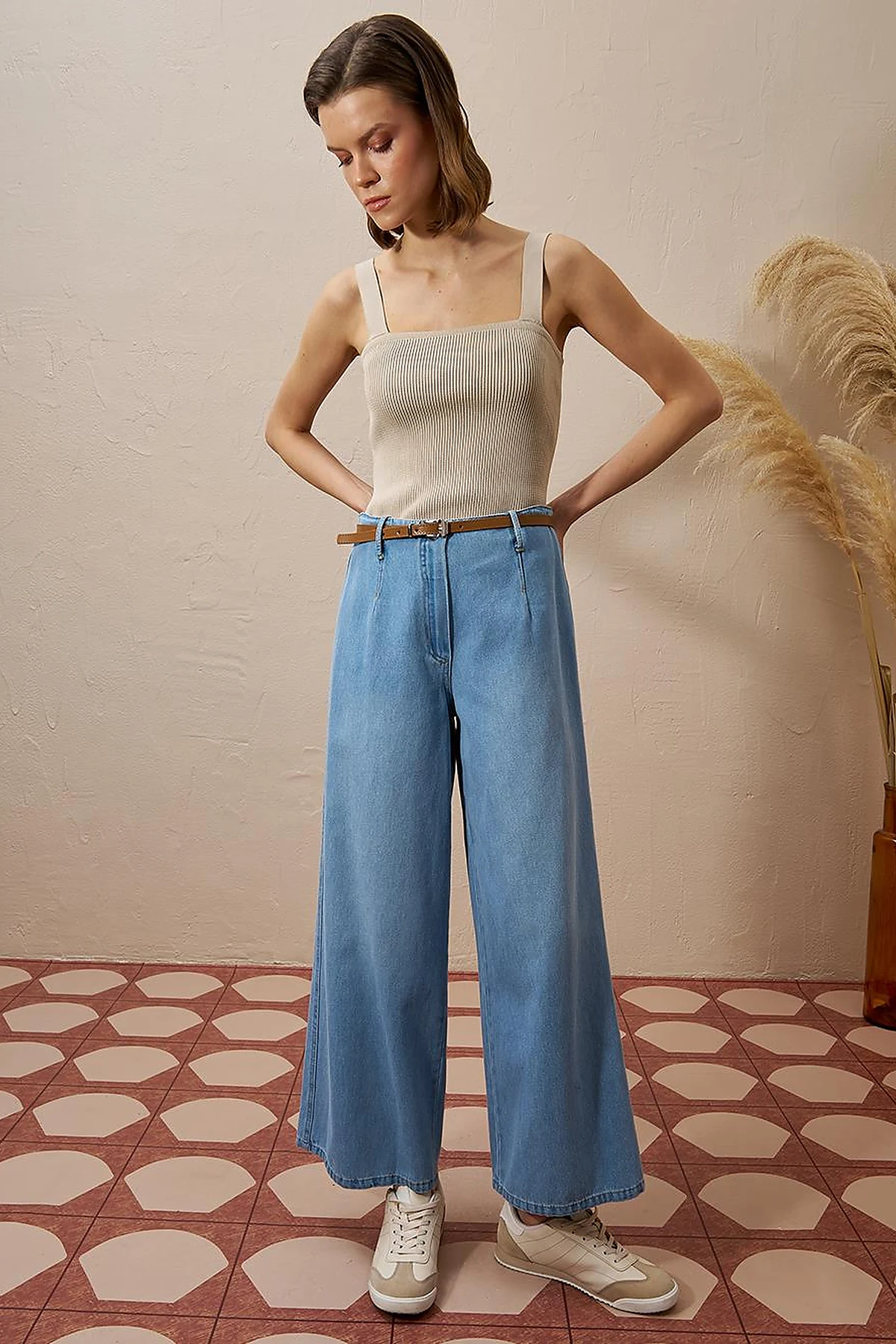 Metal Accessory Detailed Denim Pants Ice Blue