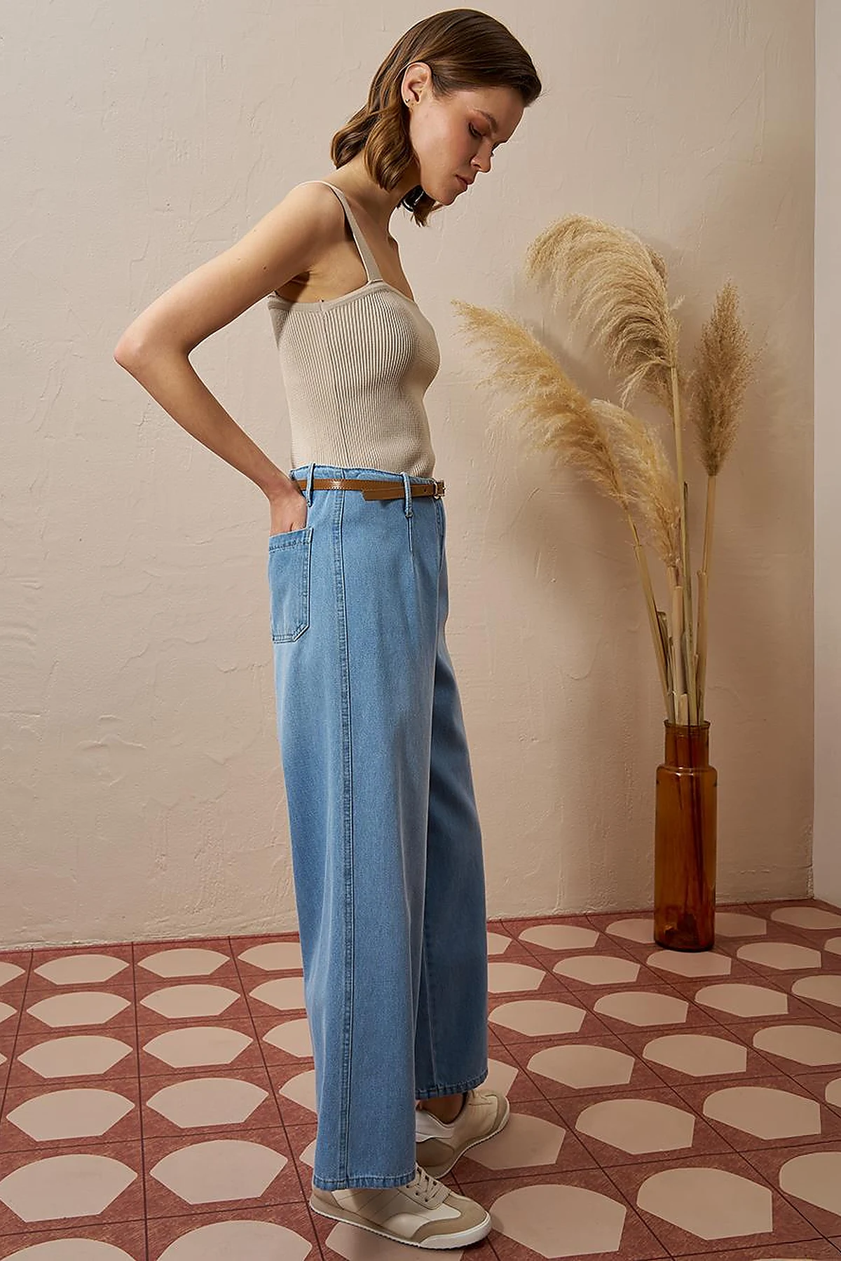 Metal Accessory Detailed Denim Pants Ice Blue