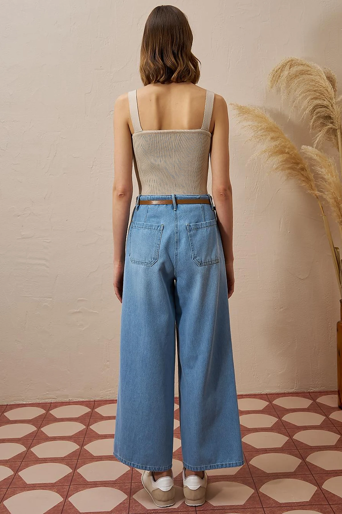 Metal Accessory Detailed Denim Pants Ice Blue