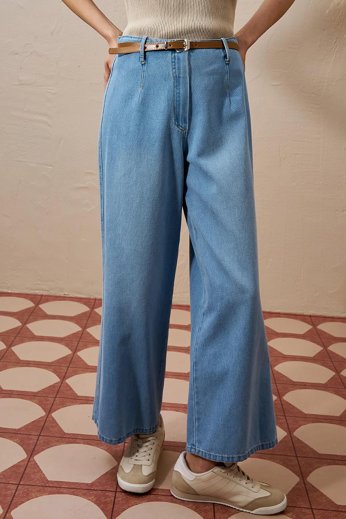 Metal Accessory Detailed Denim Pants Ice Blue
