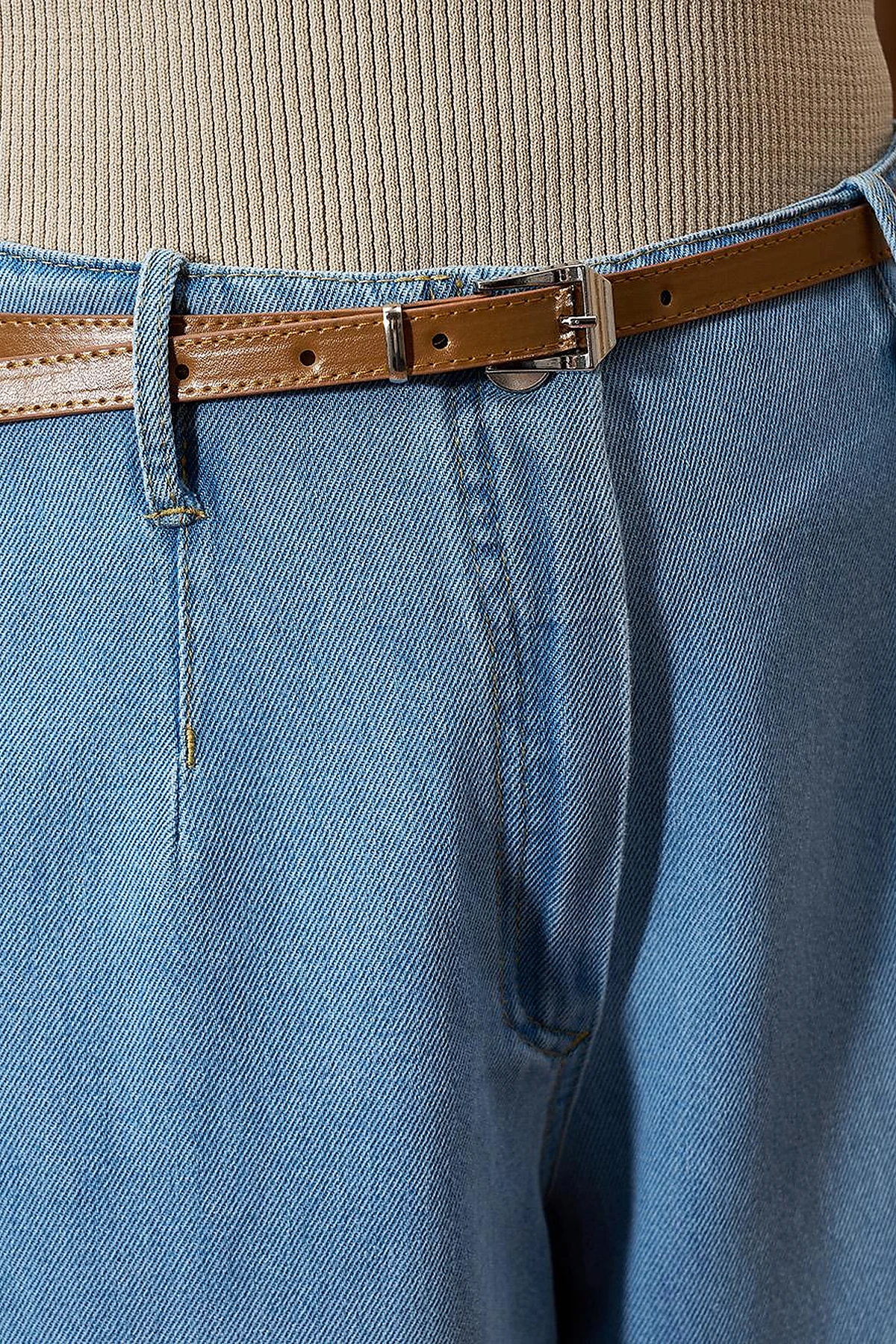 Metal Accessory Detailed Denim Pants Ice Blue