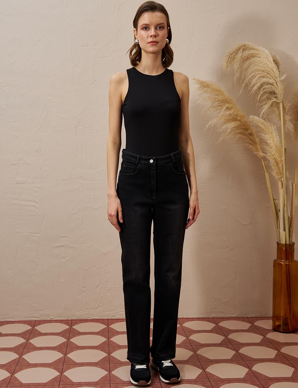 Marine Straight High Waist Denim Pants Black