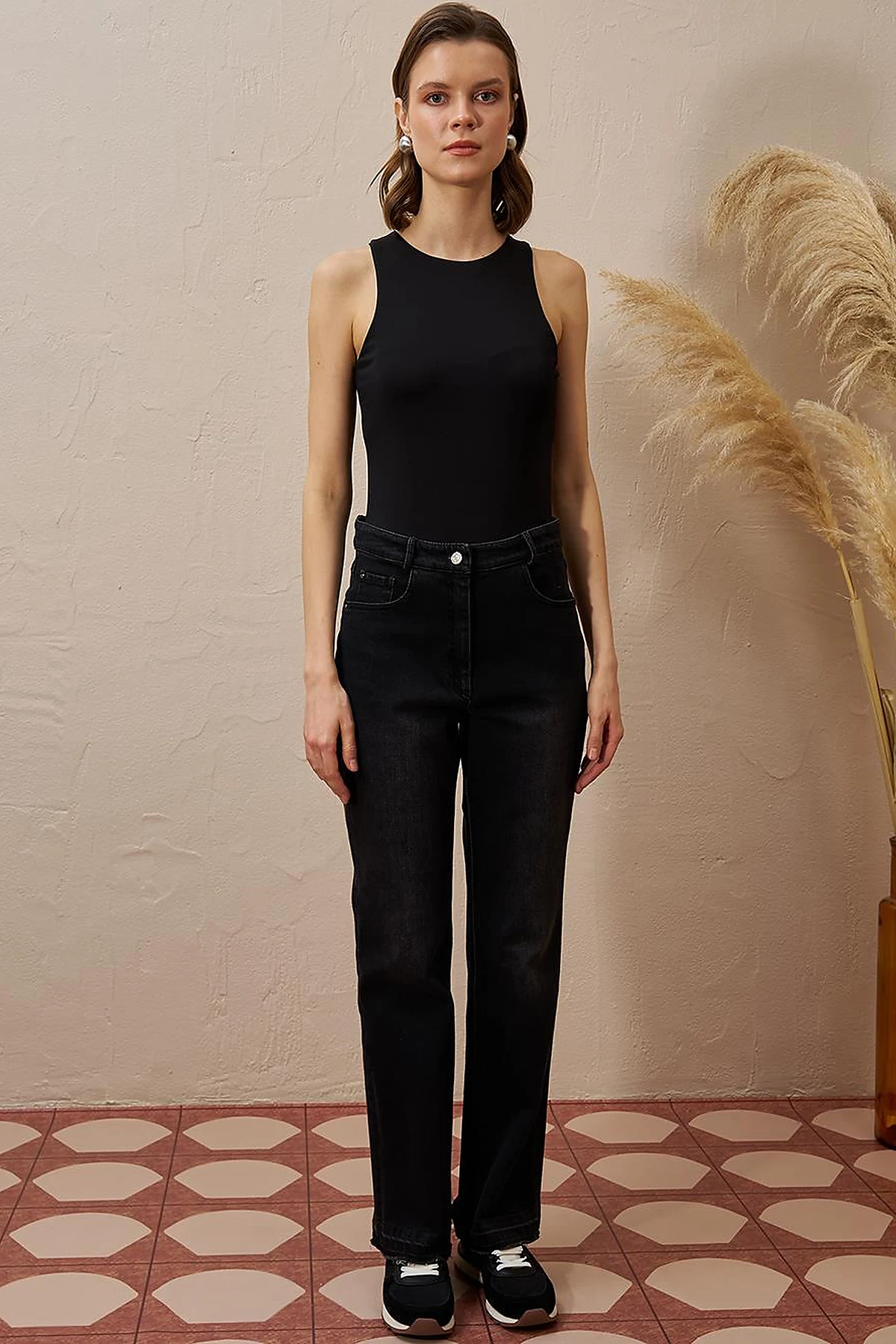 Marine Straight High Waist Denim Pants Black