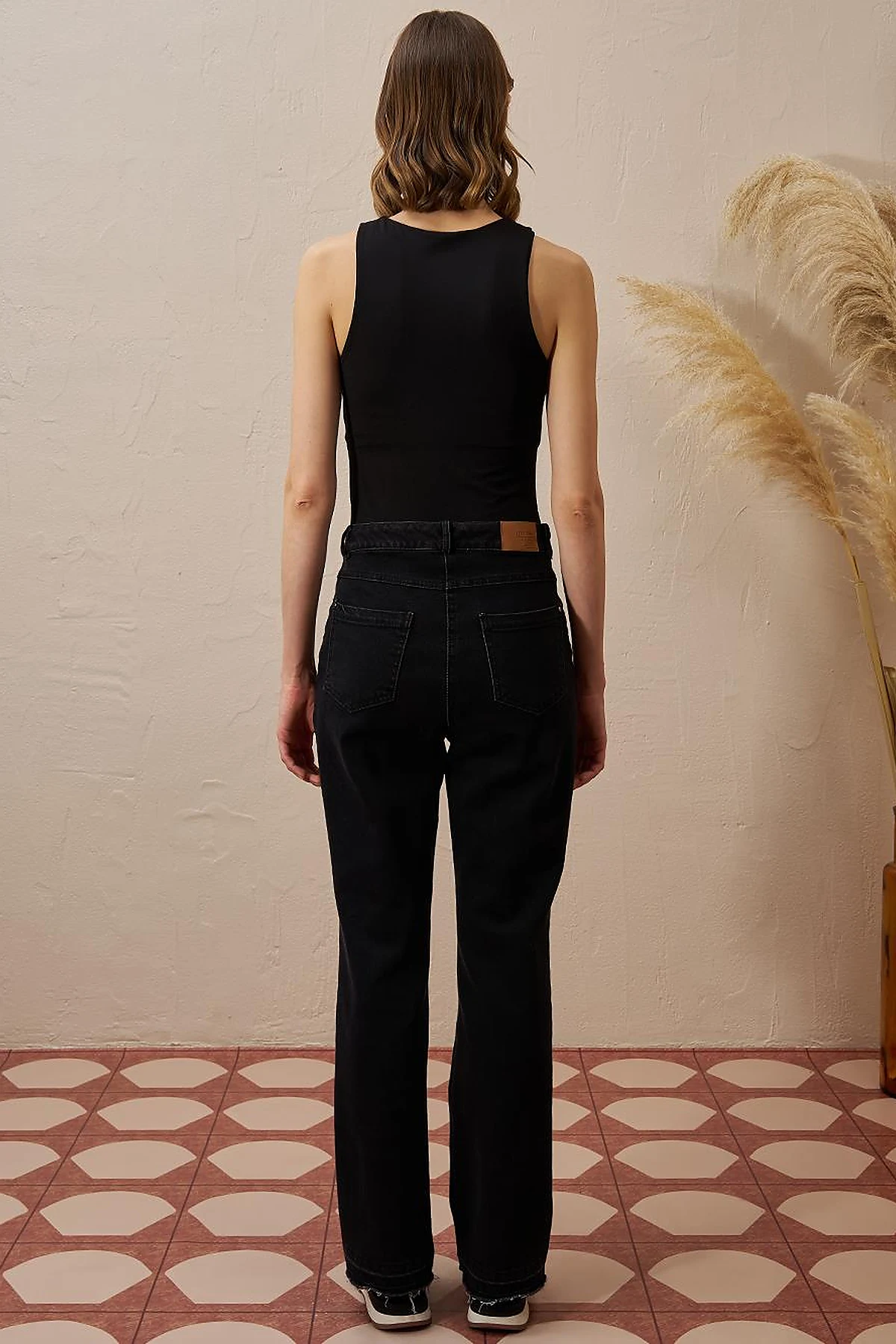 Marine Straight High Waist Denim Pants Black
