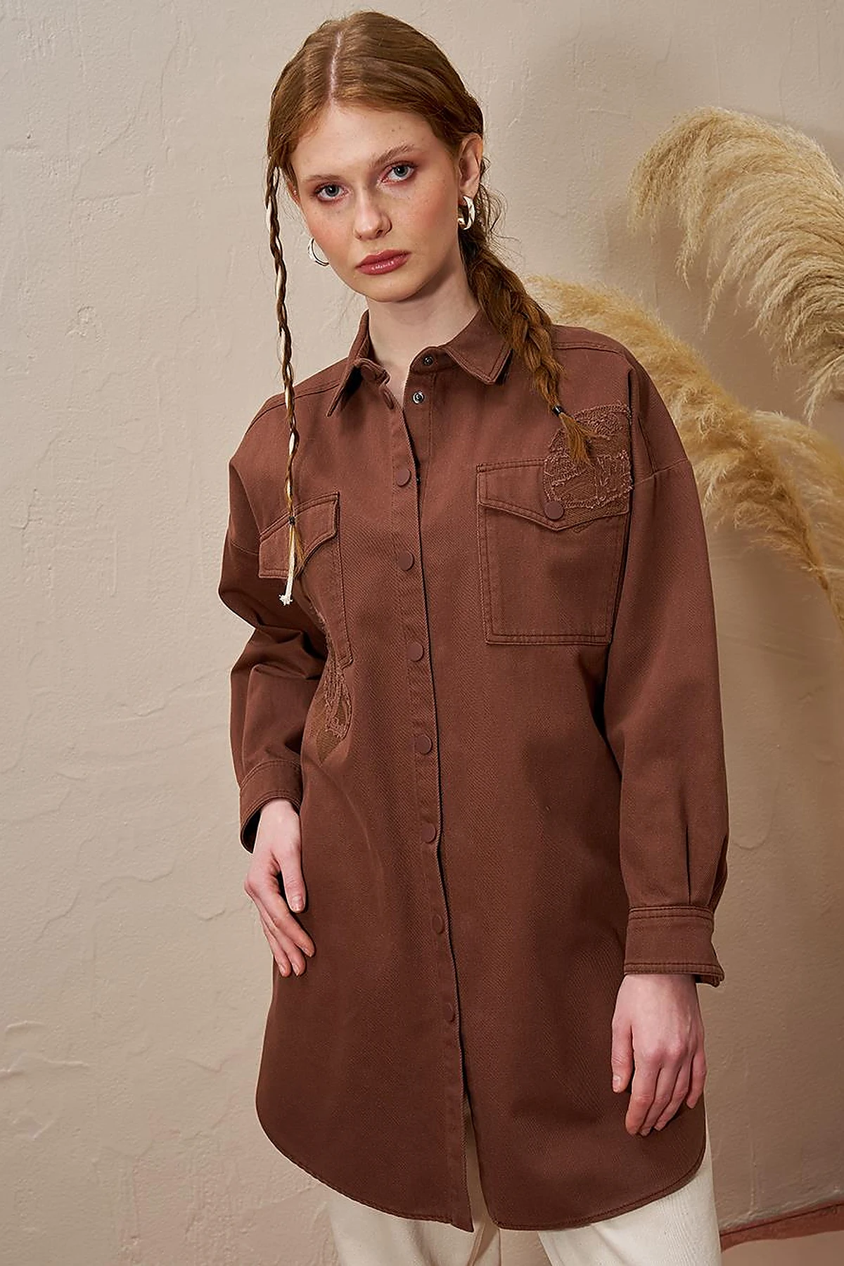 Embroidered Applique Canvas Tunic Coffee