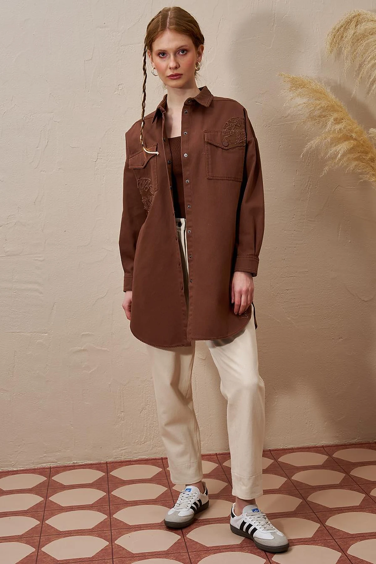 Embroidered Applique Canvas Tunic Coffee