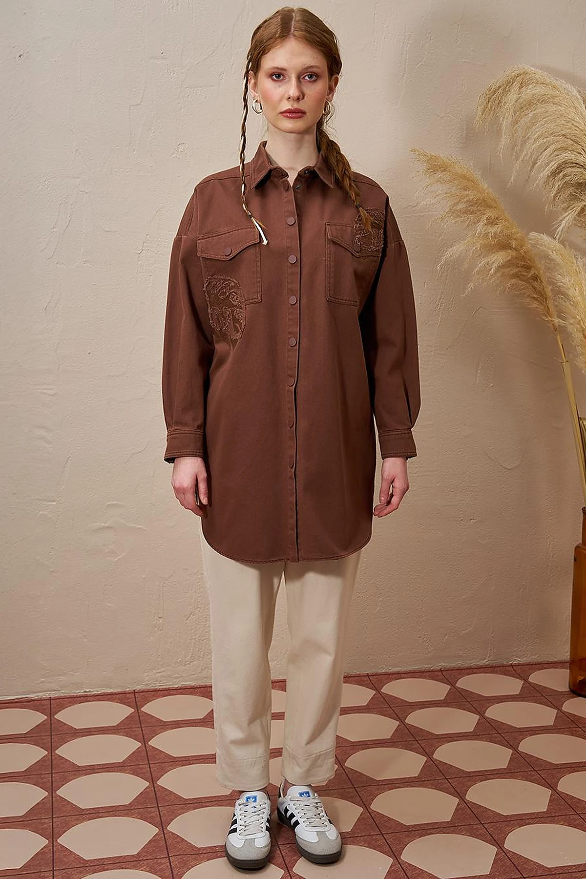Embroidered Applique Canvas Tunic Coffee
