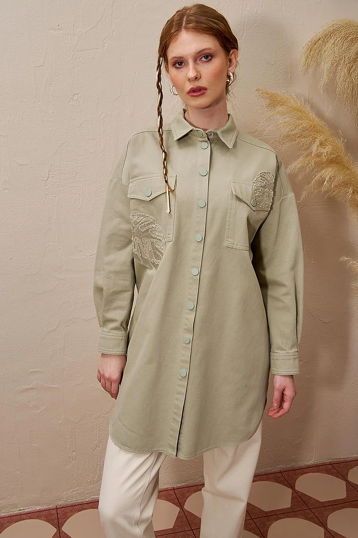 Embroidered Applique Canvas Tunic Mold Green