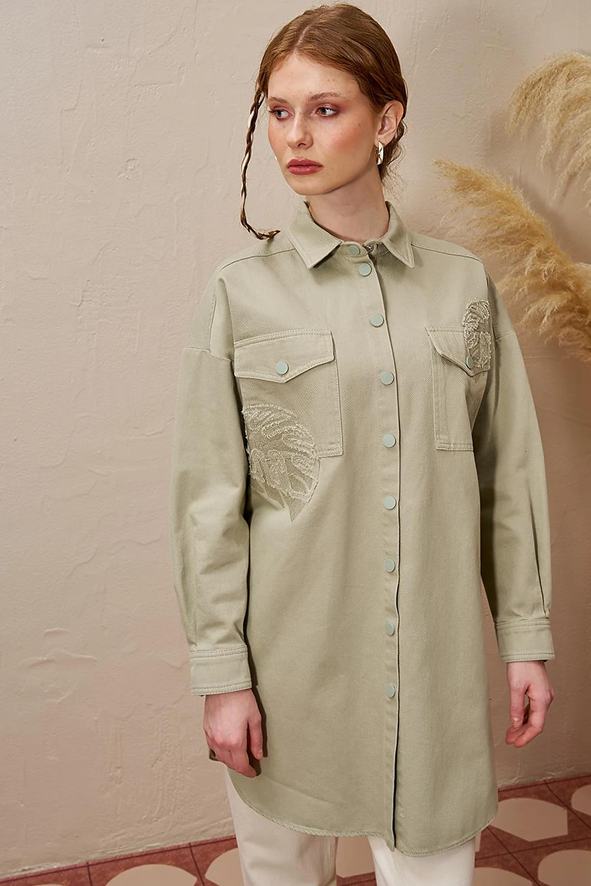 Embroidered Applique Canvas Tunic Mold Green