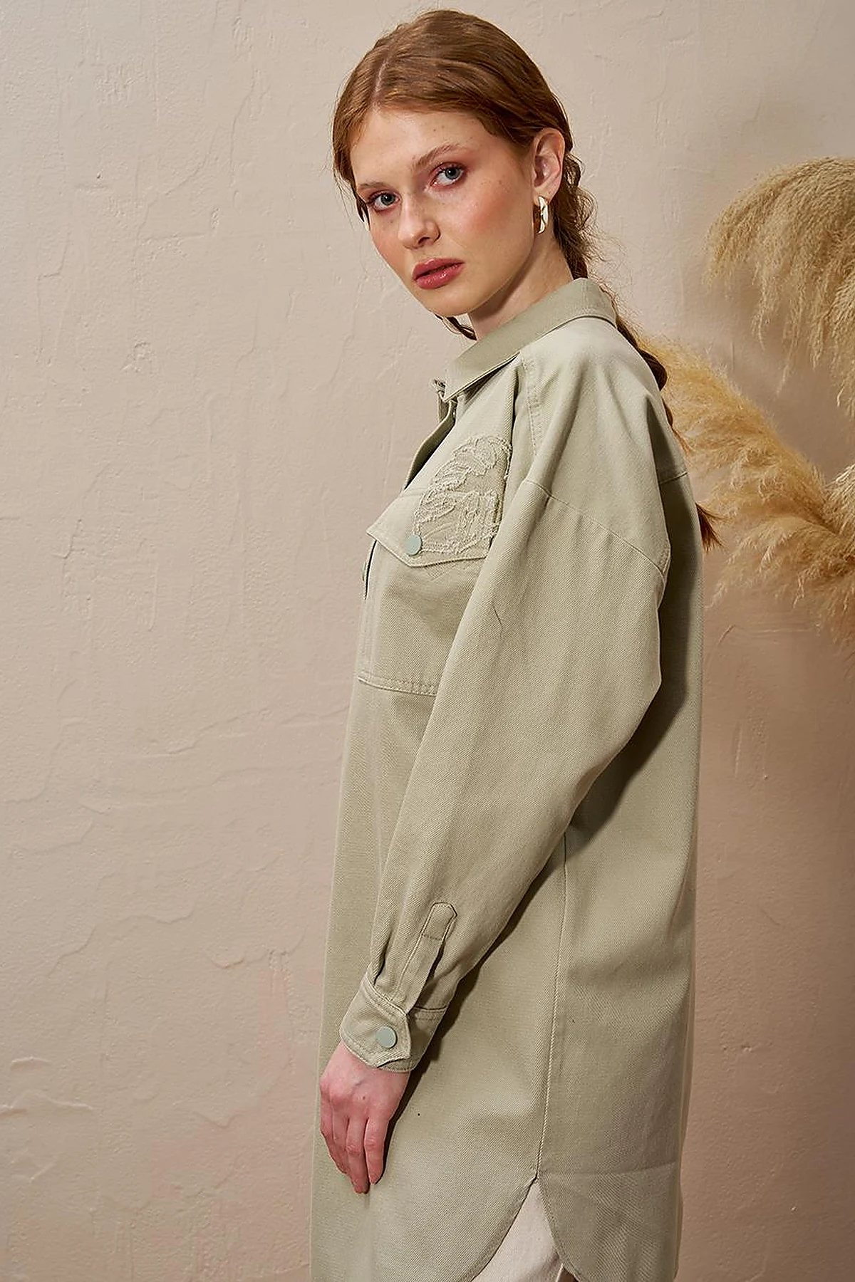 Embroidered Applique Canvas Tunic Mold Green
