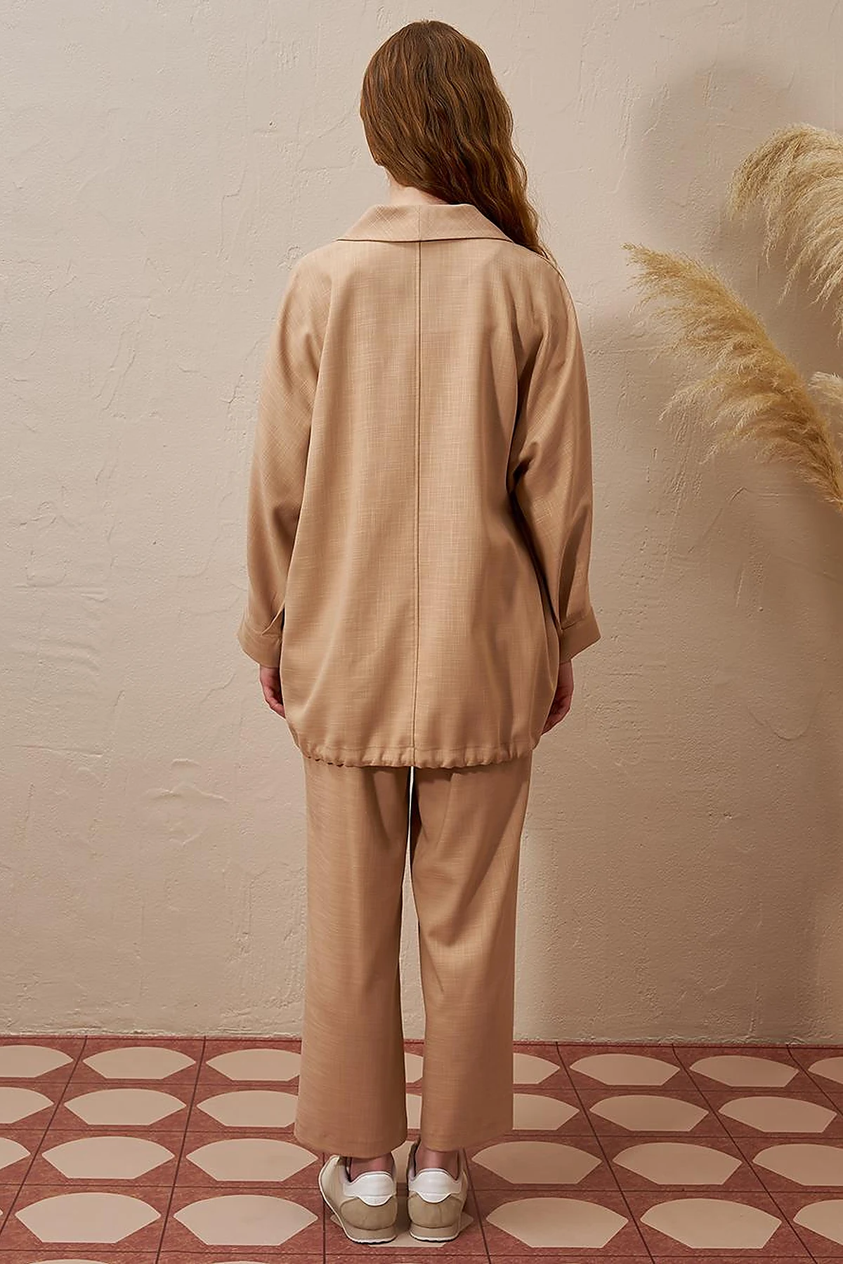 Palm Embroidered Two-Piece Set Beige