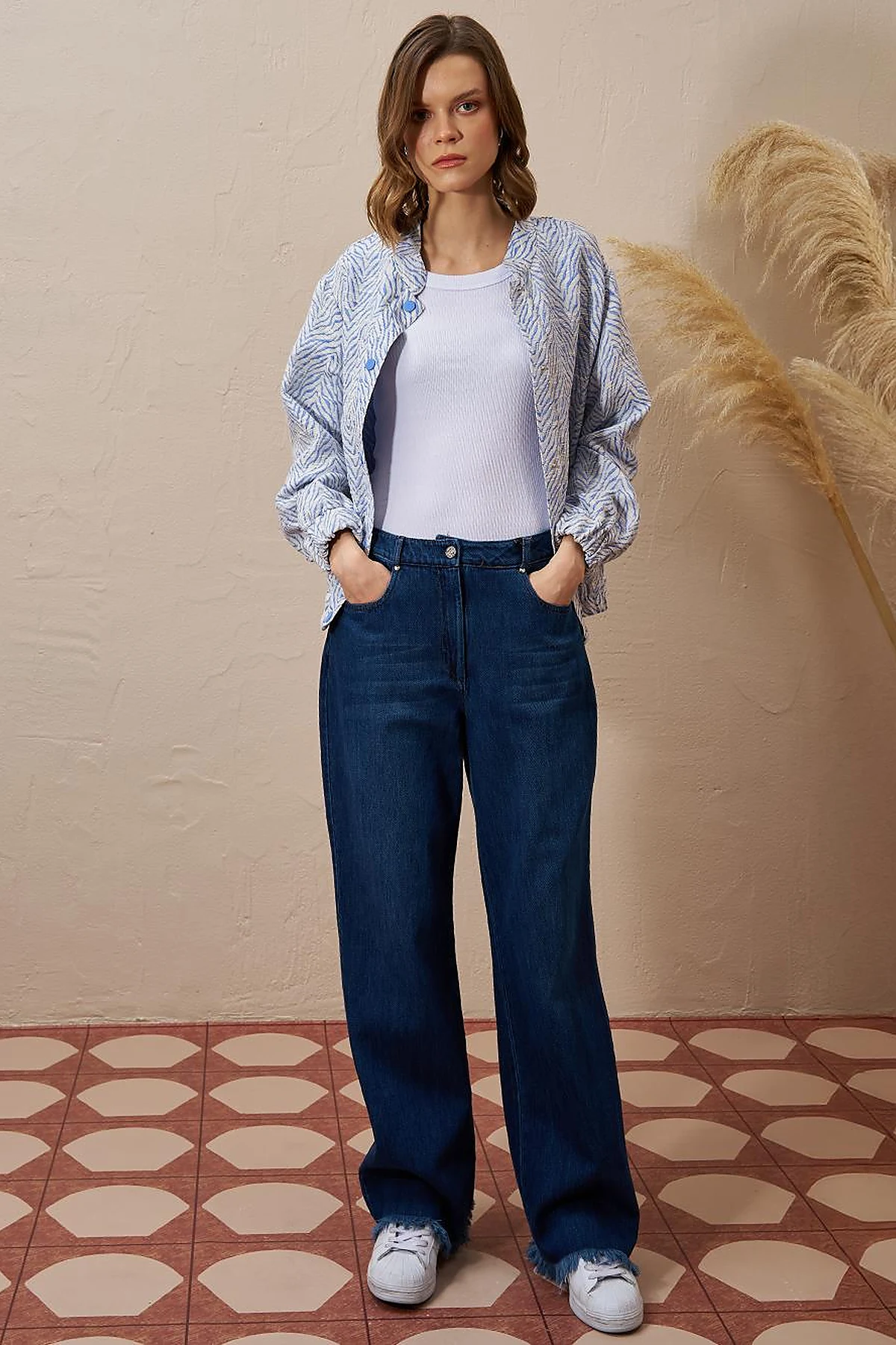 Wide-Leg Denim Pants Navy Blue