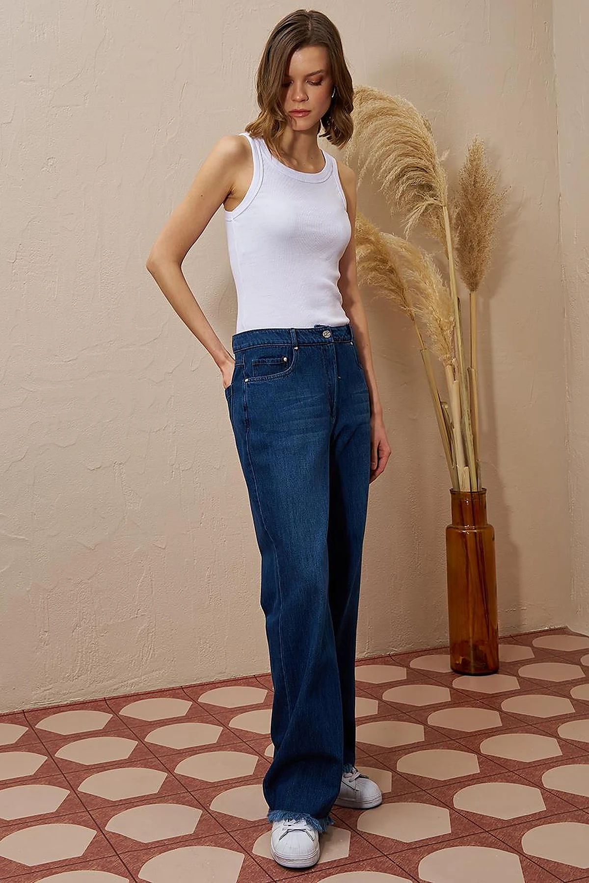 Wide-Leg Denim Pants Navy Blue