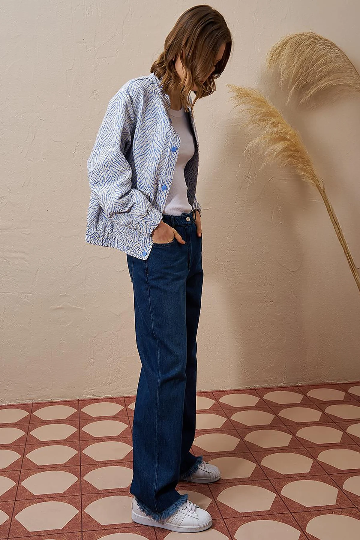 Wide-Leg Denim Pants Navy Blue