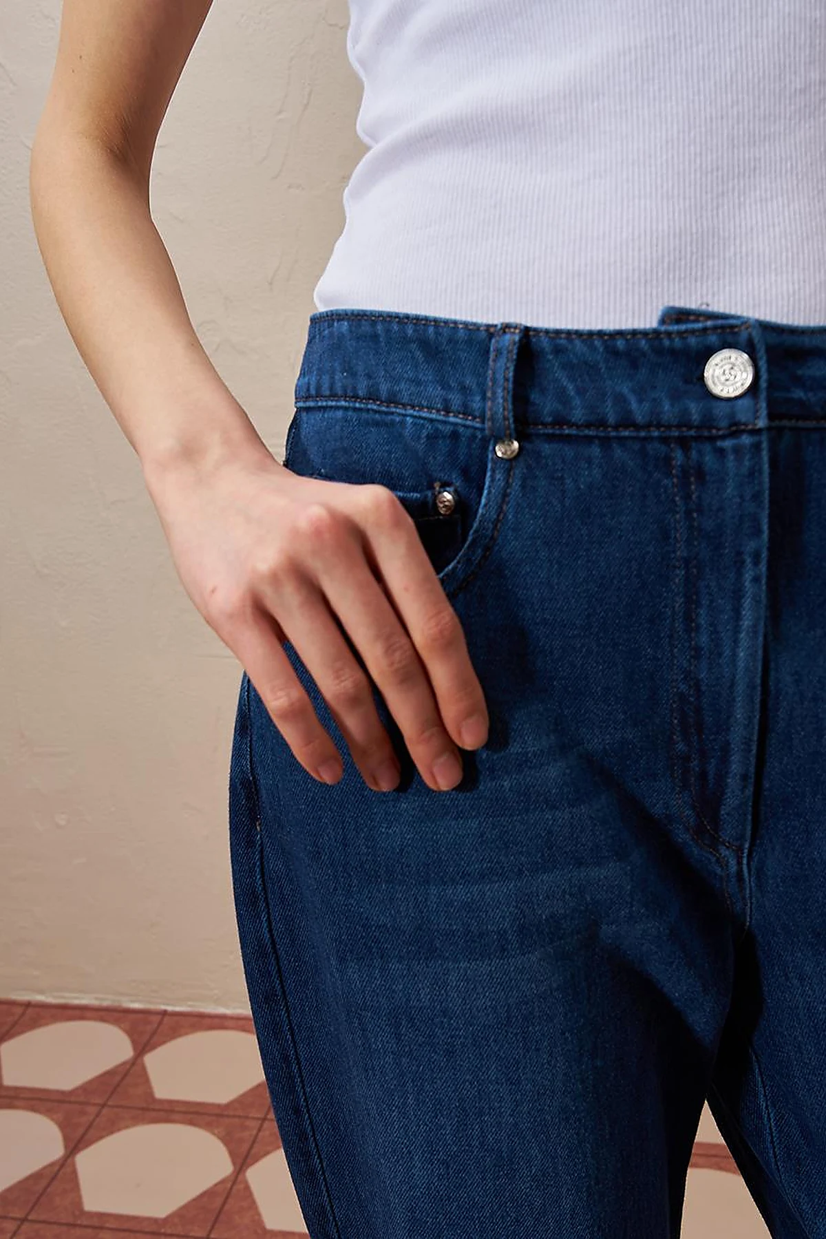 Wide-Leg Denim Pants Navy Blue