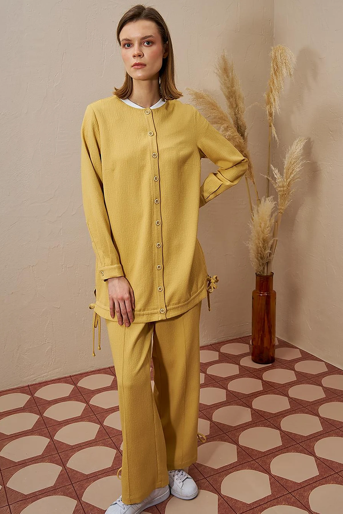 Drawstring Detail Pleated Two-Piece Set in Yellow