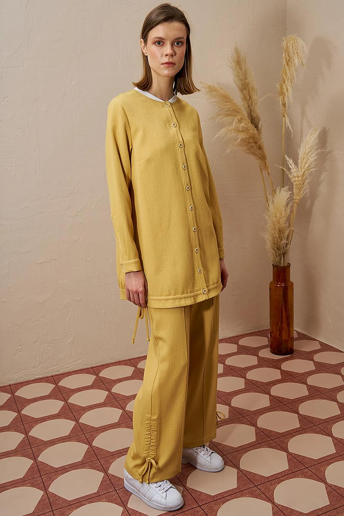Drawstring Detail Pleated Two-Piece Set in Yellow