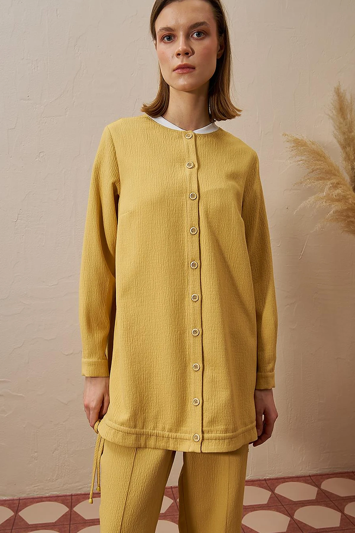 Drawstring Detail Pleated Two-Piece Set in Yellow