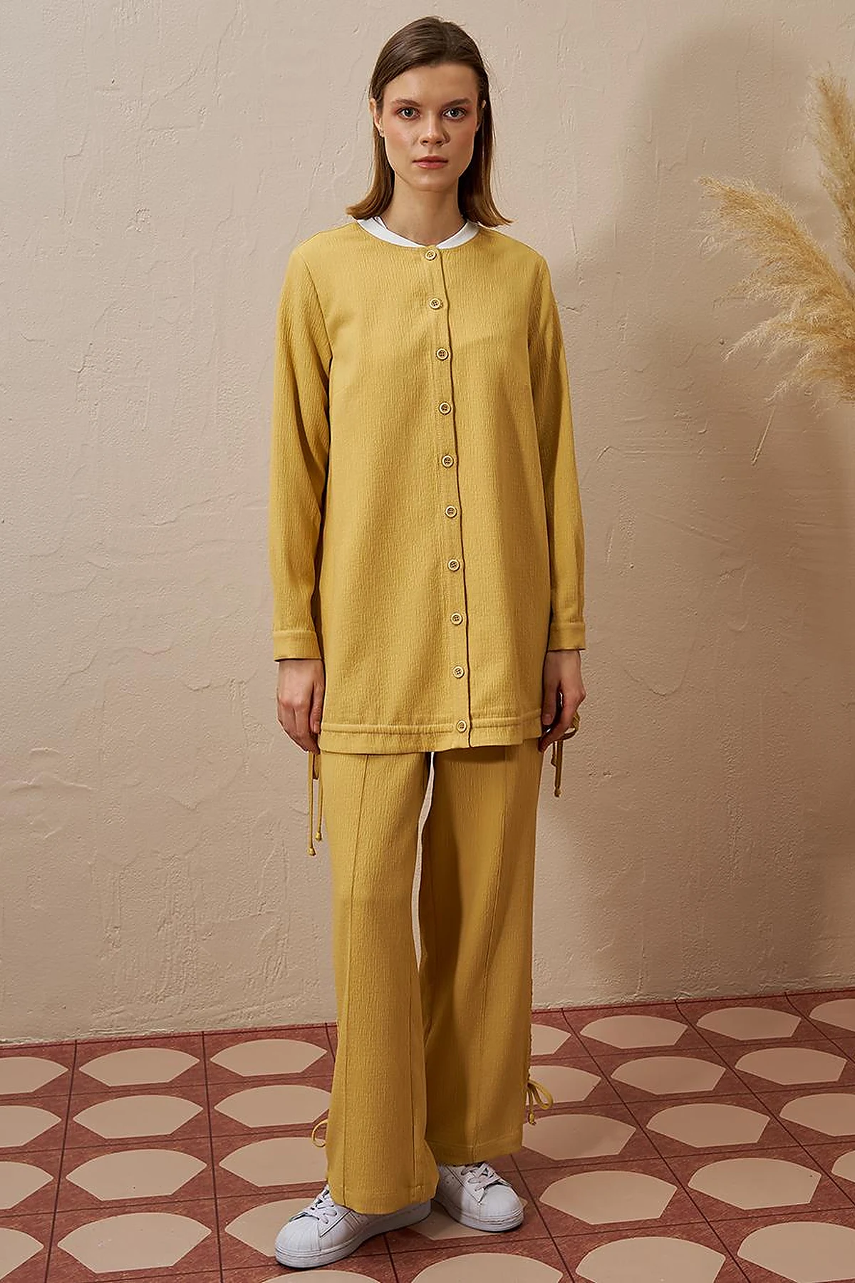 Drawstring Detail Pleated Two-Piece Set in Yellow