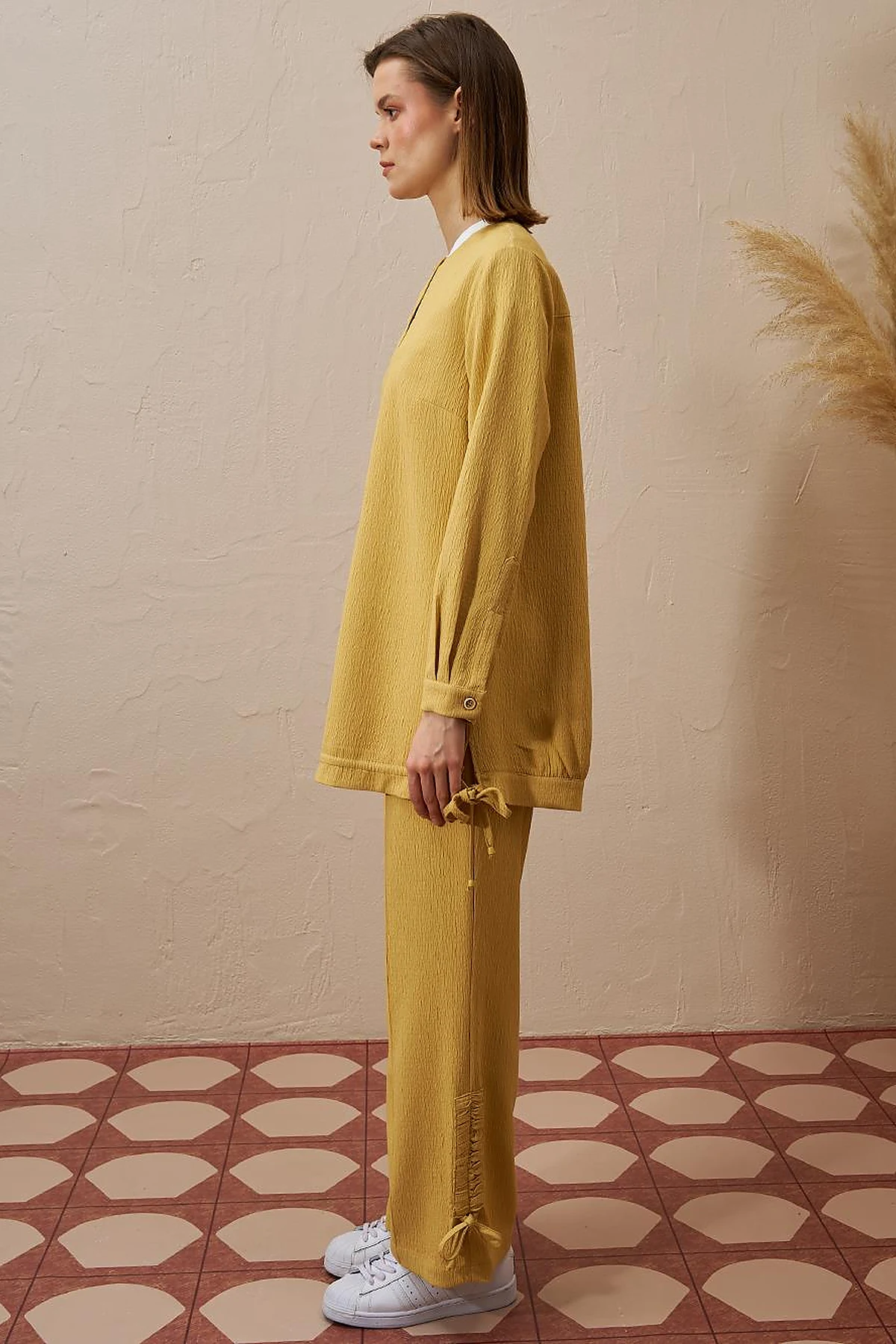 Drawstring Detail Pleated Two-Piece Set in Yellow