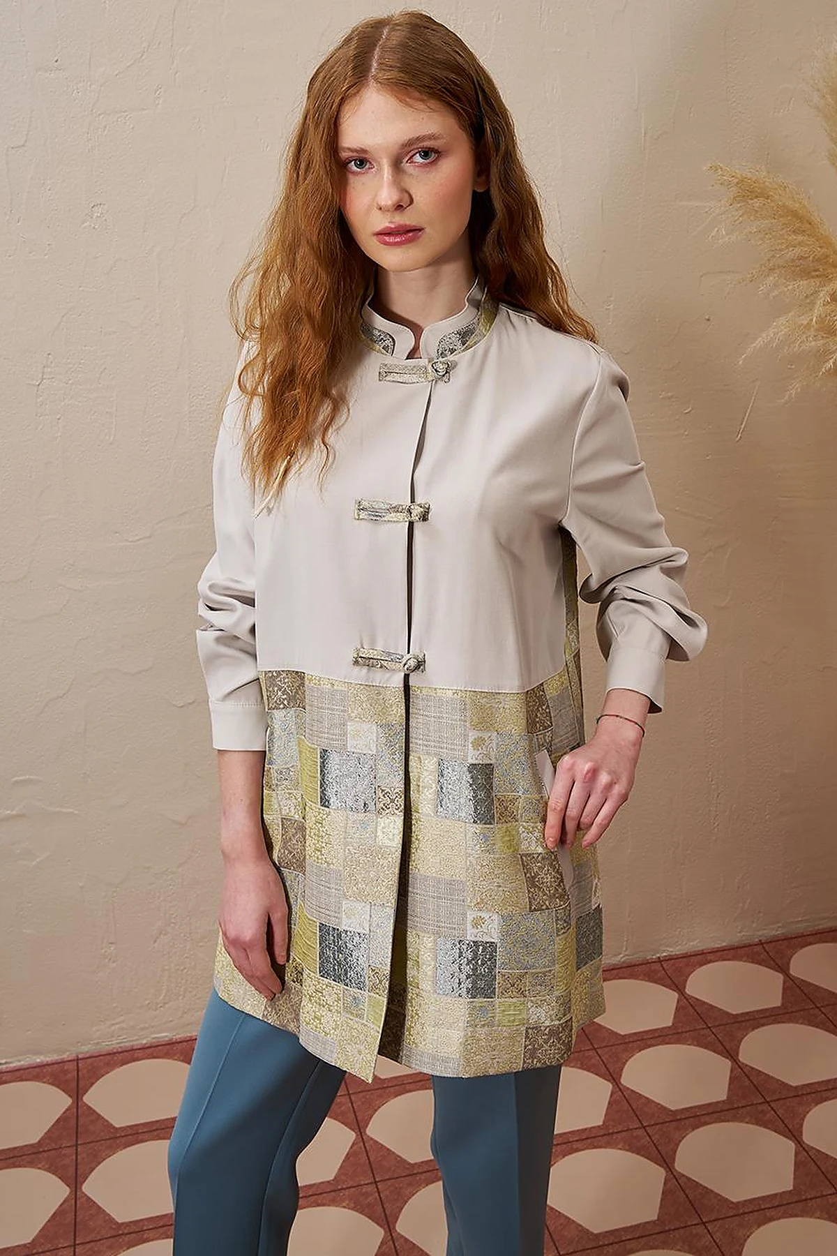 Checkered Pattern Detailed Jacket in Moss Green