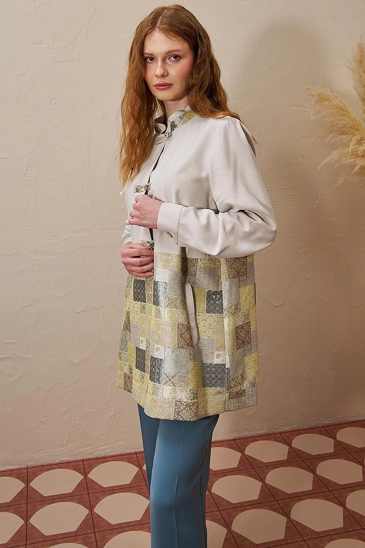 Checkered Pattern Detailed Jacket in Moss Green