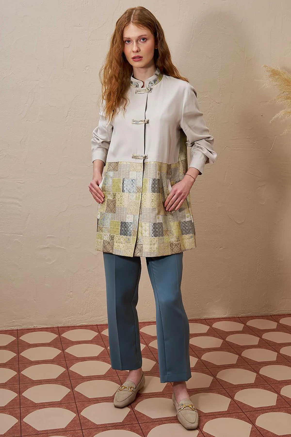 Checkered Pattern Detailed Jacket in Moss Green