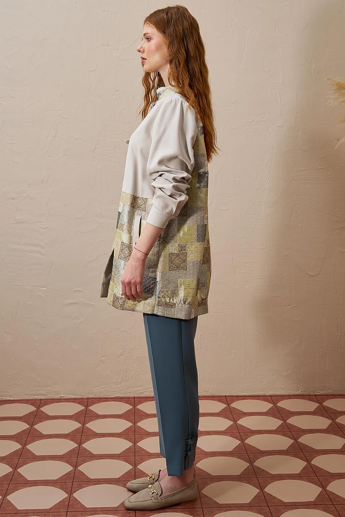 Checkered Pattern Detailed Jacket in Moss Green