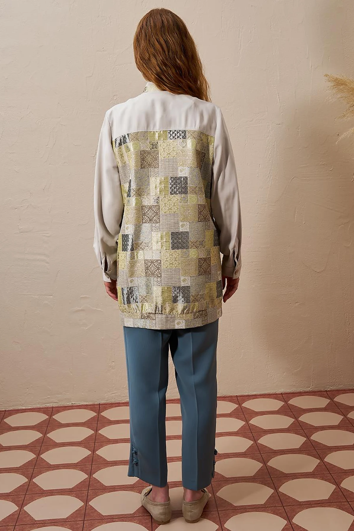 Checkered Pattern Detailed Jacket in Moss Green