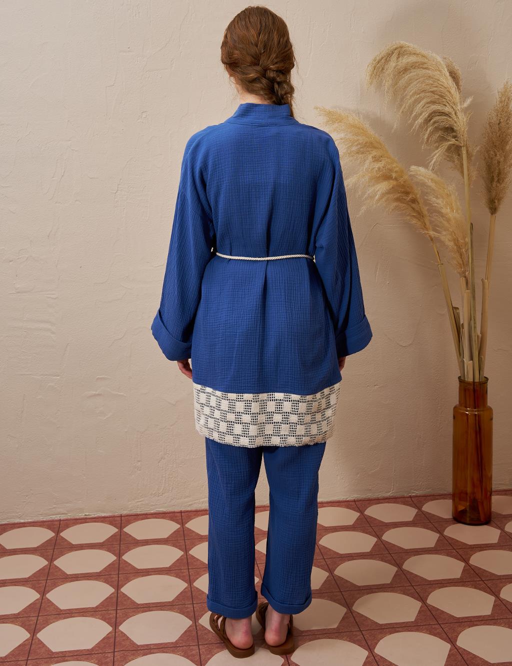 Bağcık Detaylı Müslin Kimono İndigo 