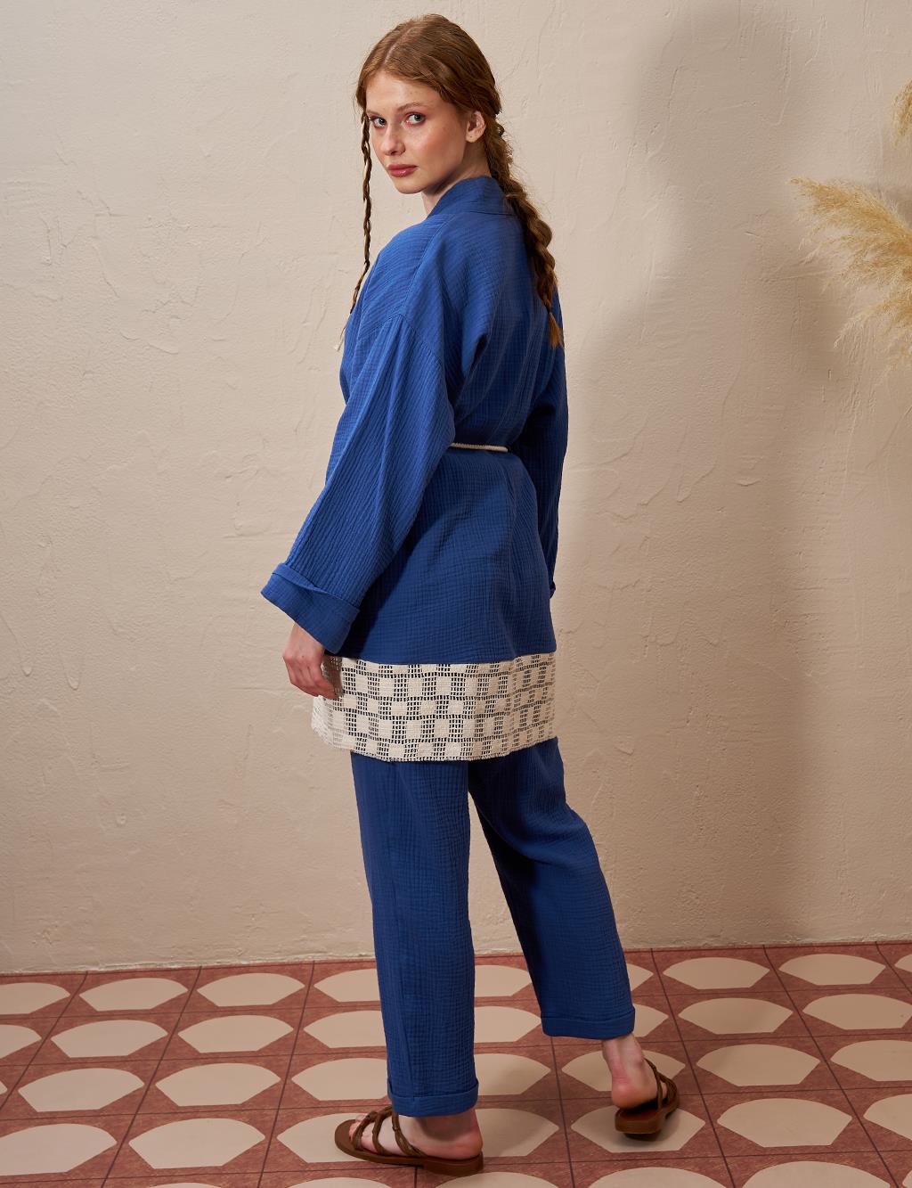 Bağcık Detaylı Müslin Kimono İndigo 