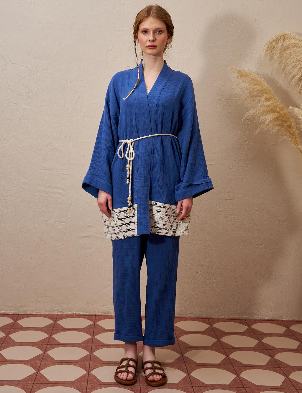 Bağcık Detaylı Müslin Kimono İndigo 