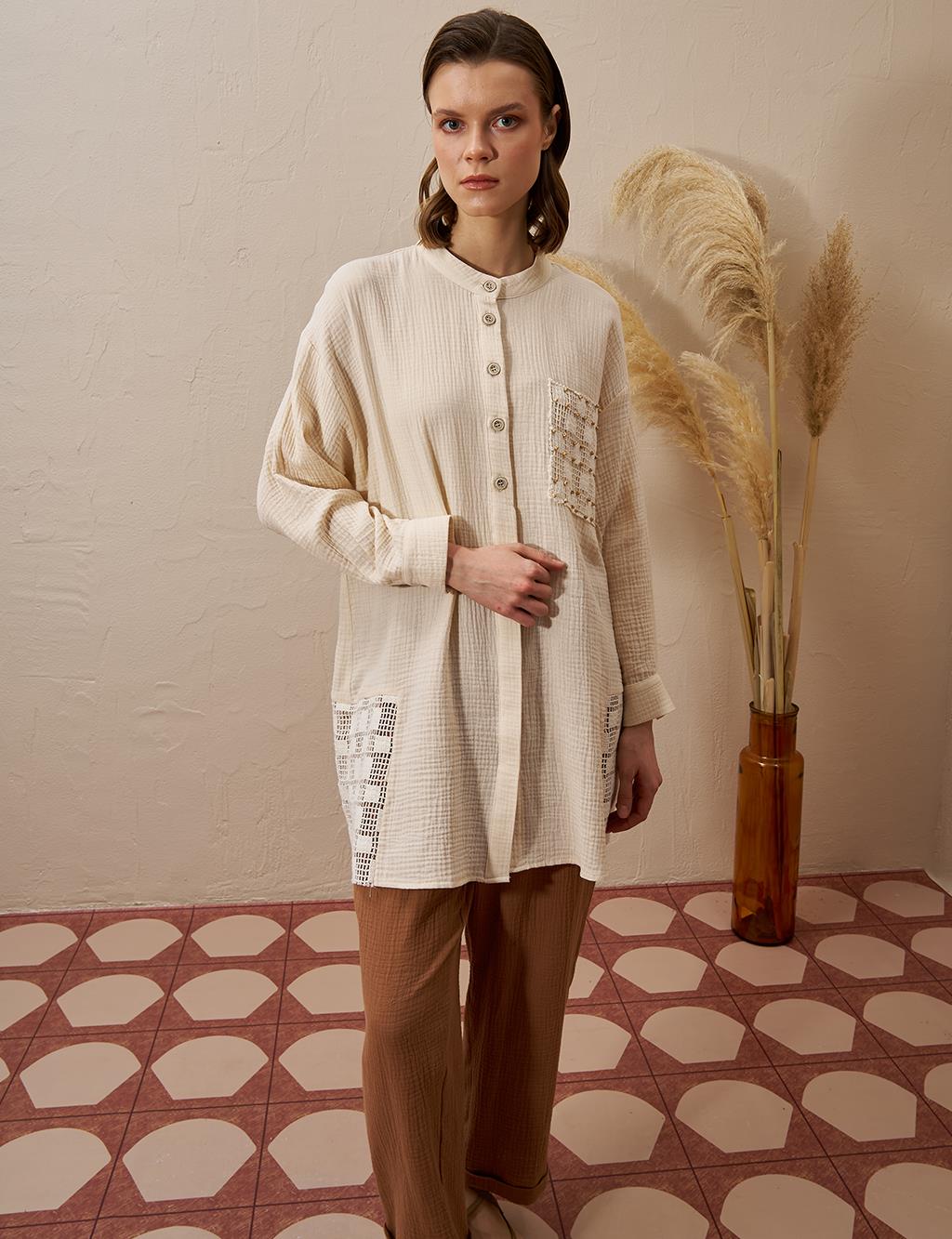 Mesh Detailed Muslin Tunic Cream