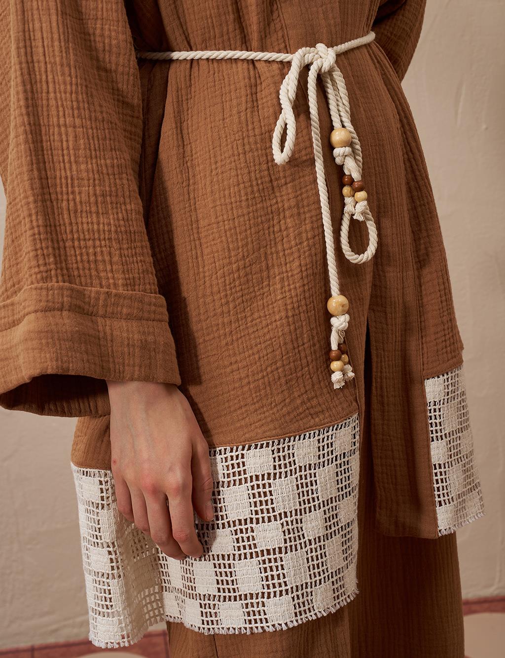 Bağcık Detaylı Müslin Kimono Tütün