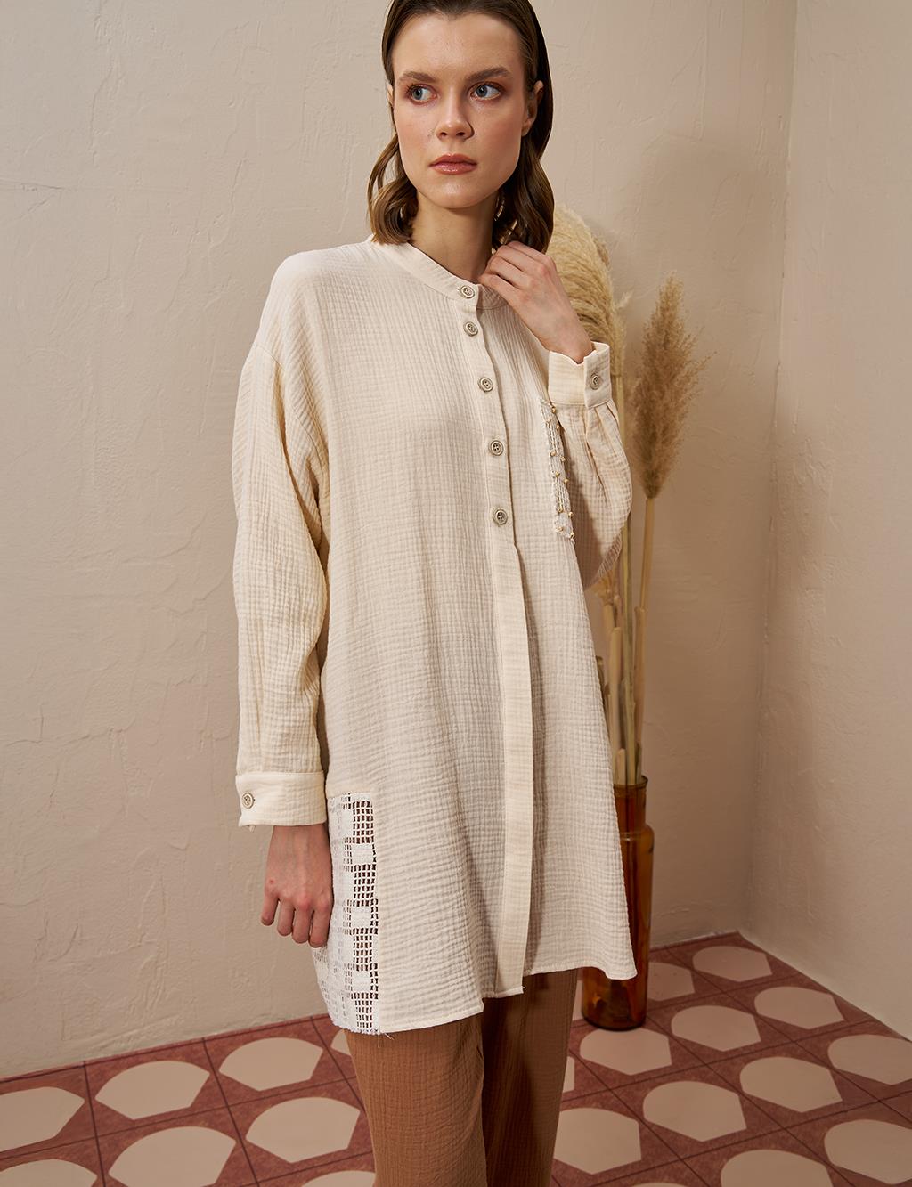 Mesh Detailed Muslin Tunic Cream