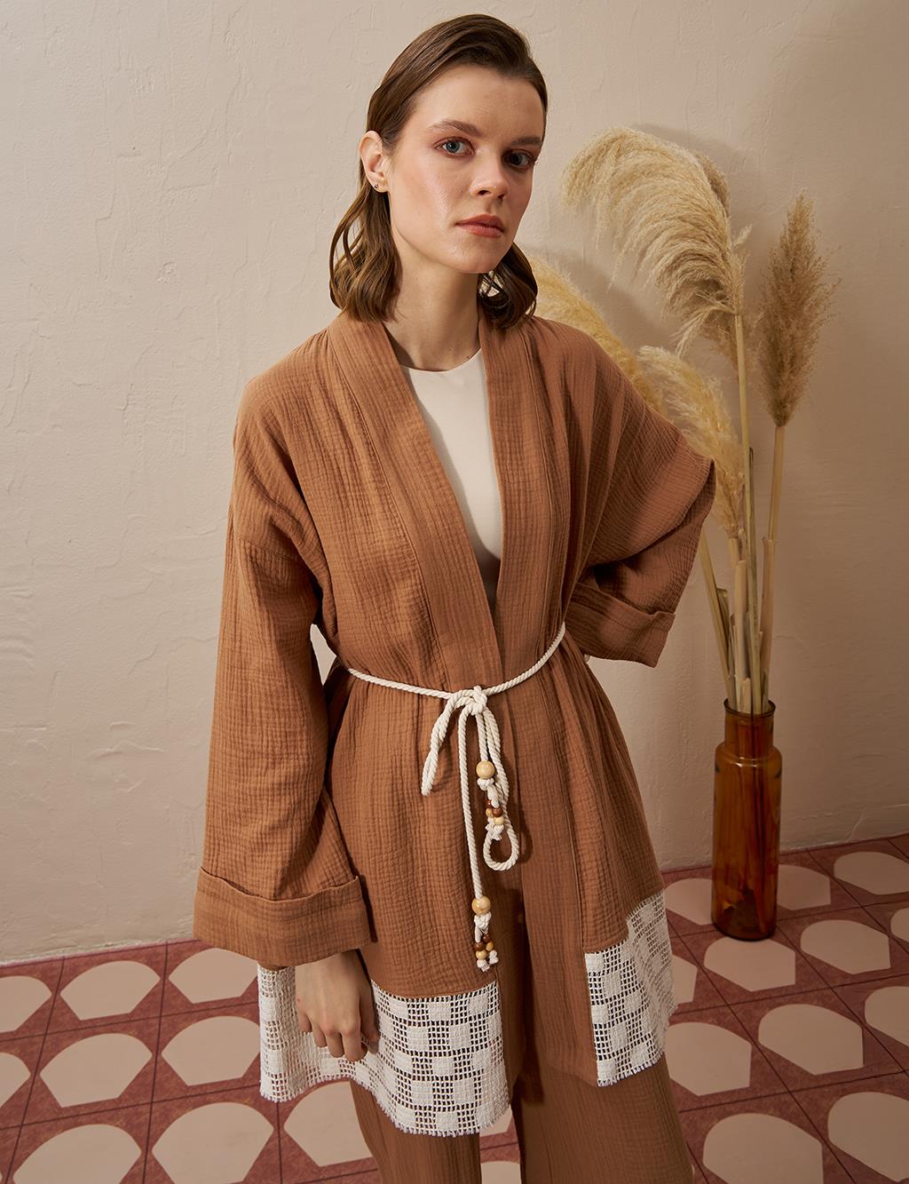 Bağcık Detaylı Müslin Kimono Tütün
