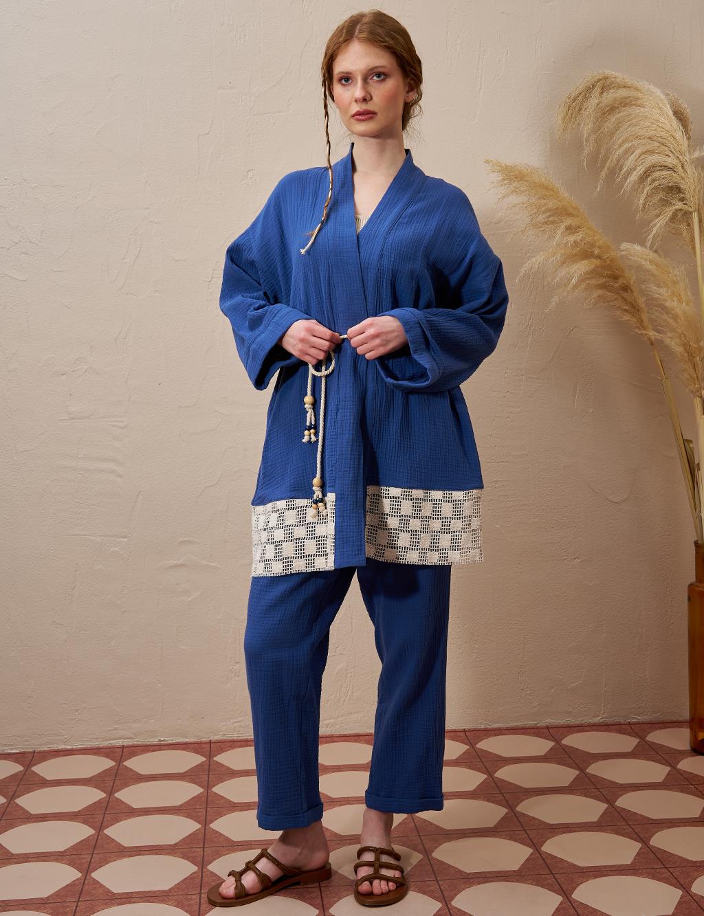 Bağcık Detaylı Müslin Kimono İndigo 