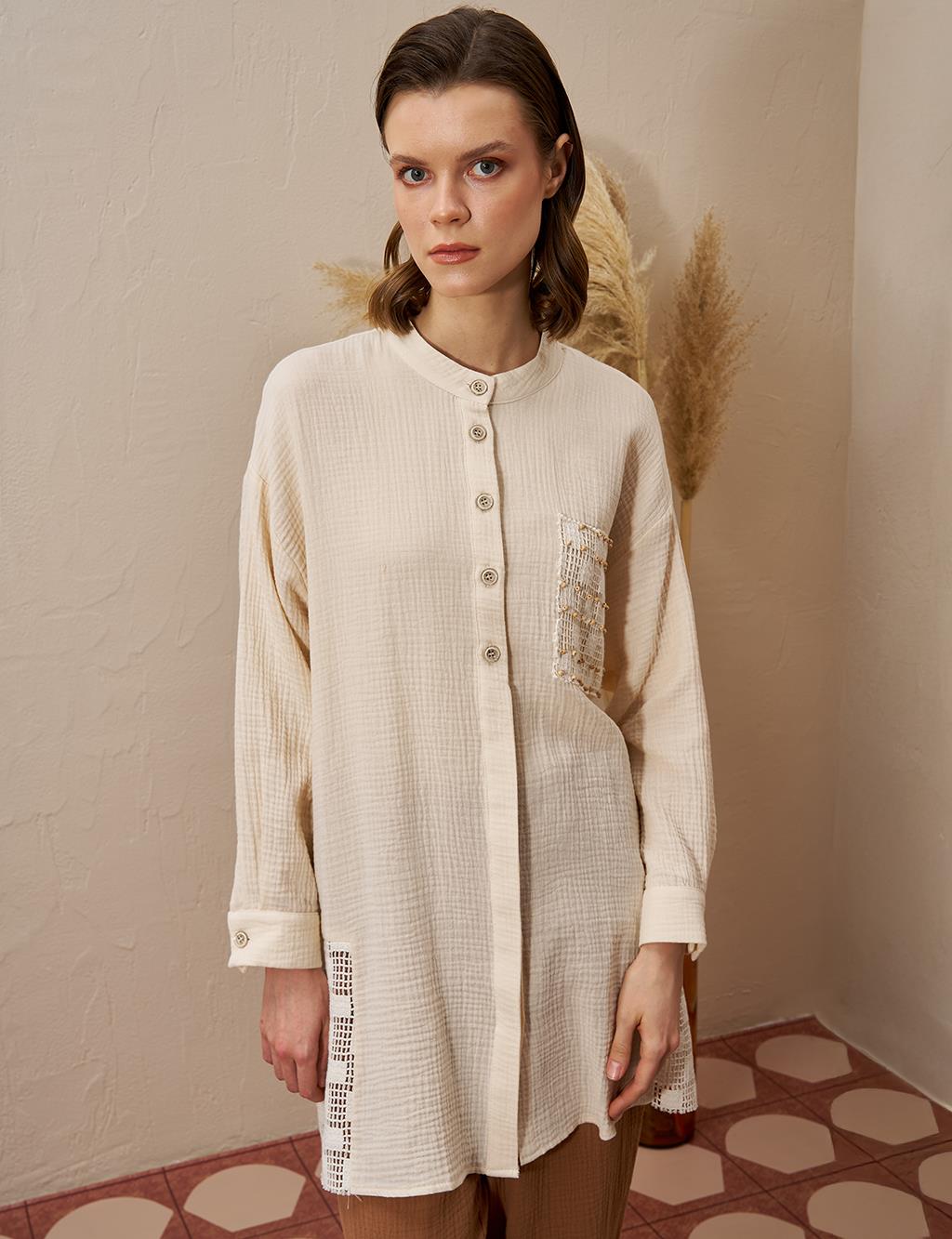 Mesh Detailed Muslin Tunic Cream
