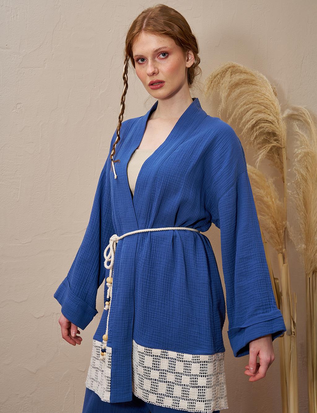 Bağcık Detaylı Müslin Kimono İndigo 