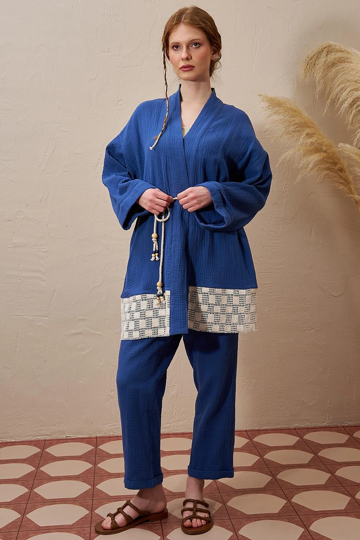Tie Detail Muslin Kimono Indigo