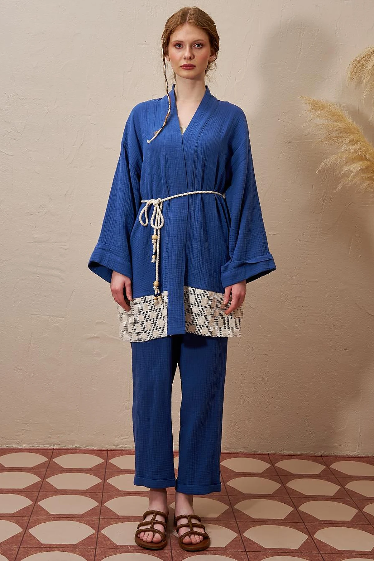 Tie Detail Muslin Kimono Indigo