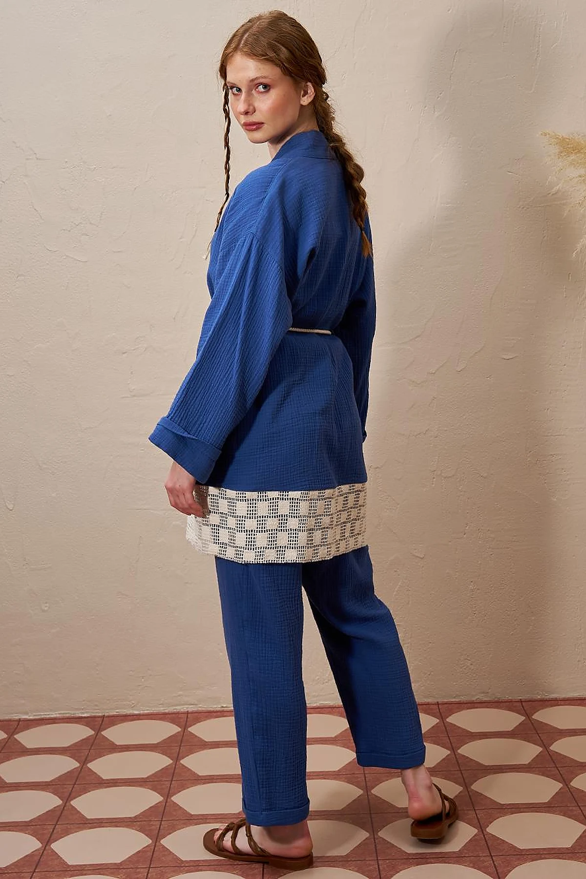 Tie Detail Muslin Kimono Indigo