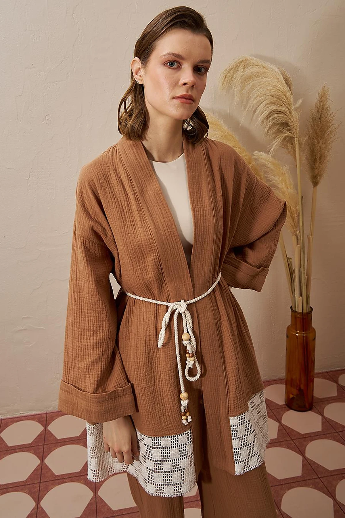 Tie Detail Muslin Kimono Tobacco