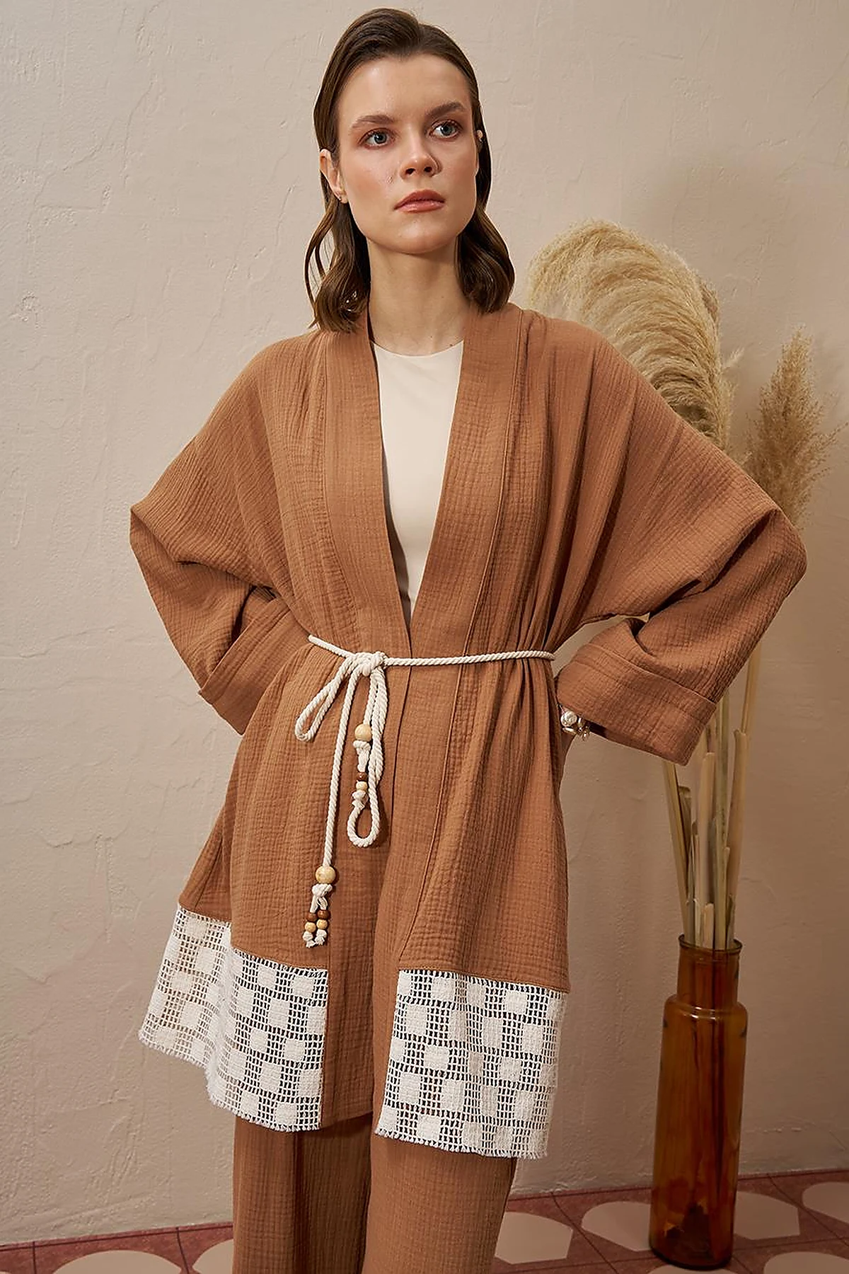 Tie Detail Muslin Kimono Tobacco