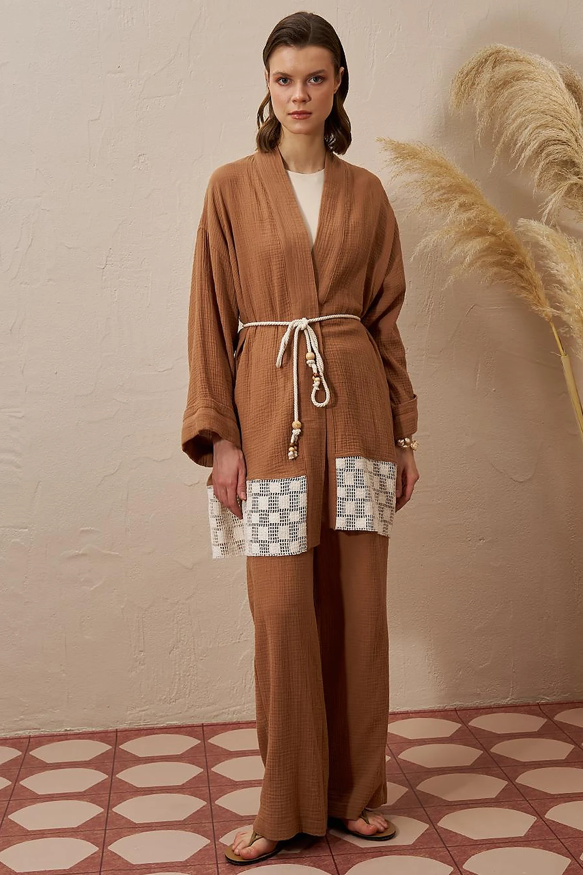 Tie Detail Muslin Kimono Tobacco